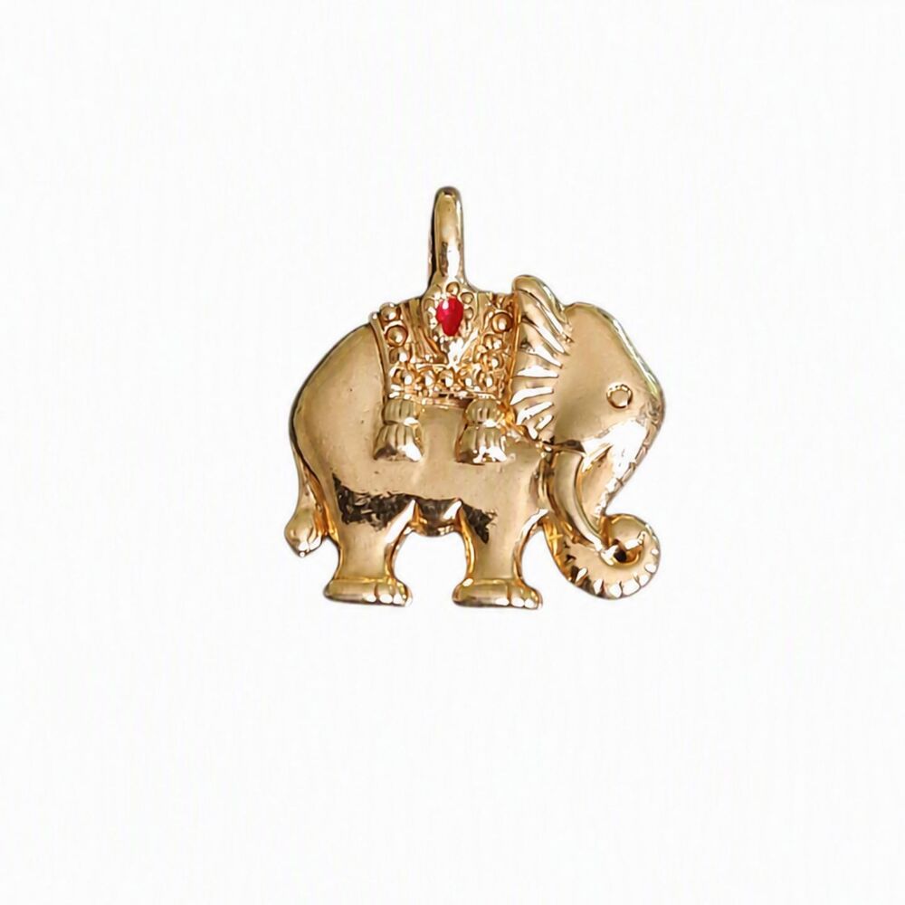 VTG Avon Gold Tone Metal Red Enamel Ceremonial Elephant Pendant Charm Stability